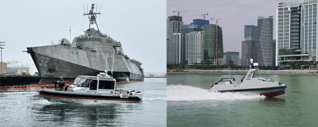Six Maritime patrol craft securing a U.S. Navy vessel (left) contrasted with a futuristic unmanned surface vessel concept (right). The image reflects the balance between proven operational experience and the promise of emerging autonomy.